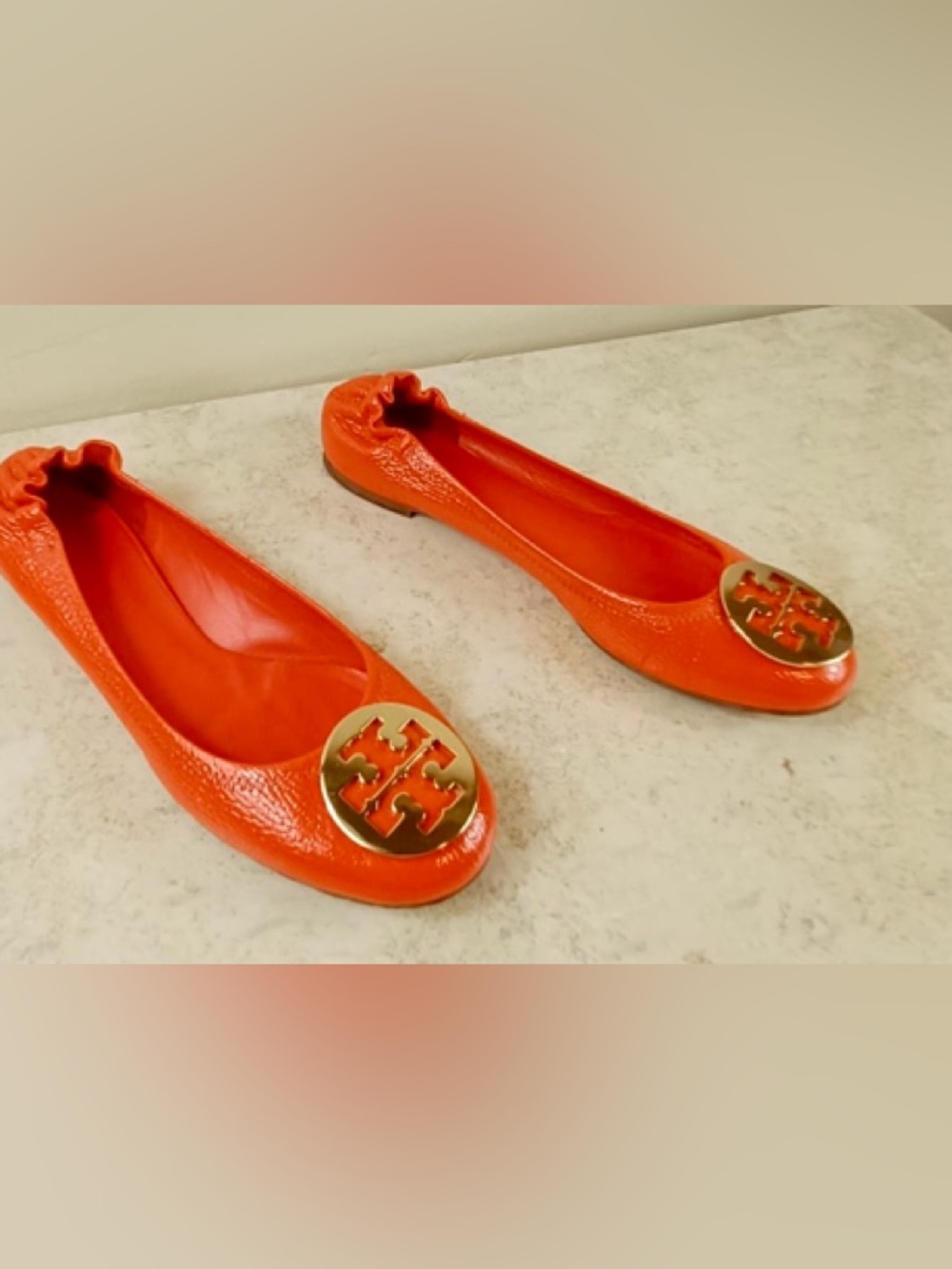 Tory Burch Orange Patent Leather Ballet Flats with Gold Logo - Picture 6 of 9